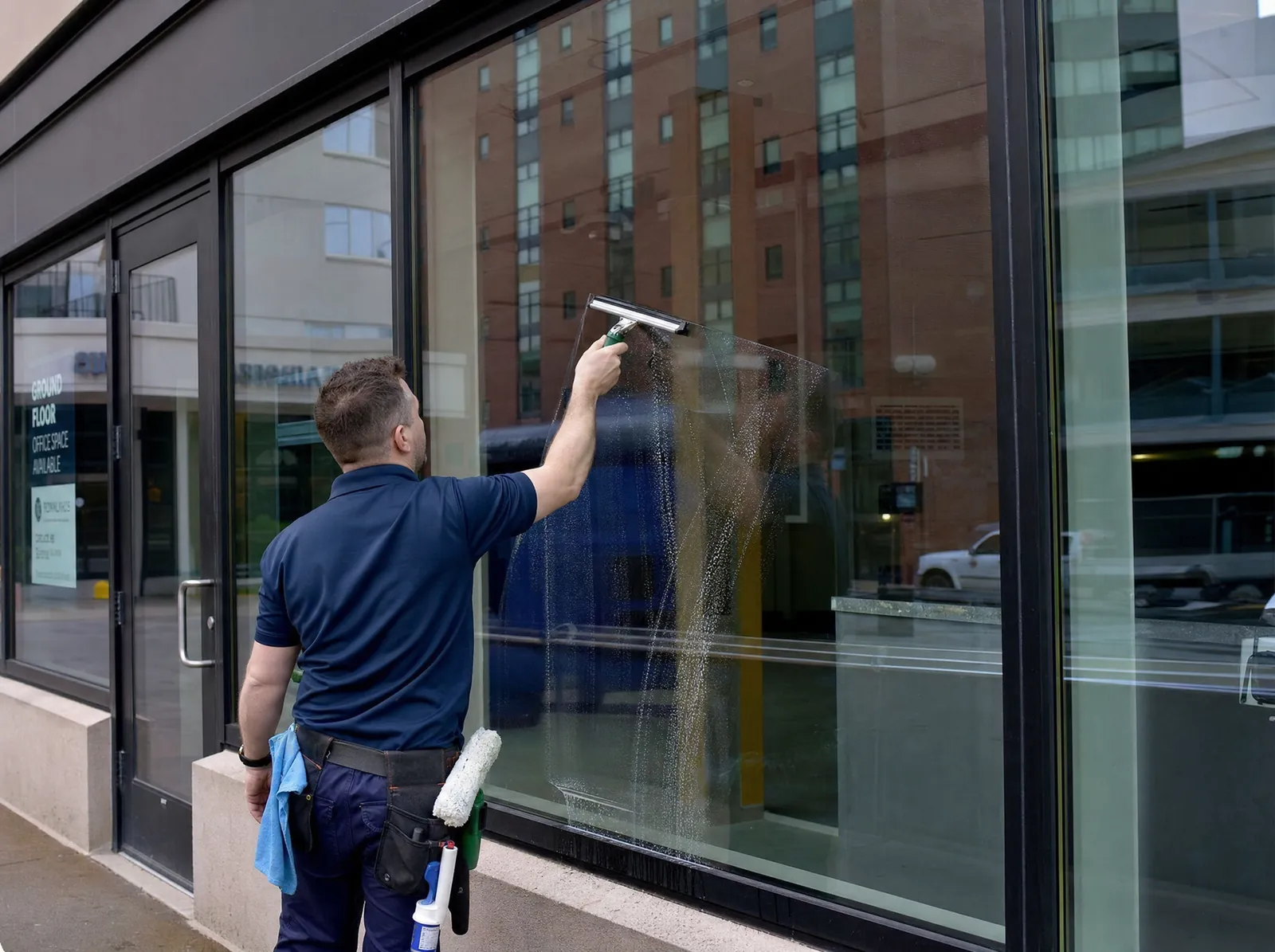Fensterreinigung an einem Bürogebäude